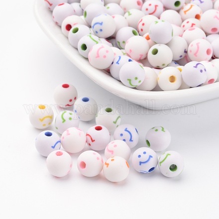 Perles acryliques rondes avec visage souriant de style artisanal X-MACR-S245-12-1