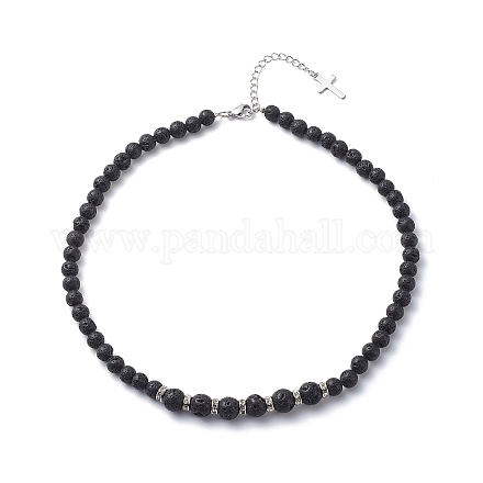Collier de perles de roche de lave naturelle avec breloques croix en laiton NJEW-JN03975-1