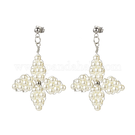 Aretes con estrella trenzada y perlas de vidrio EJEW-JE04982-01-1