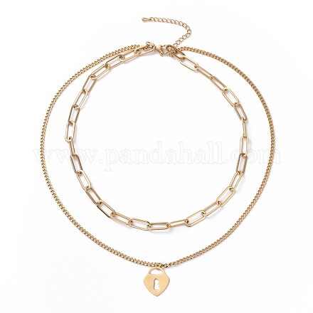 Placcatura sottovuoto 304 collana multistrato a doppia catena in acciaio inossidabile con ciondoli a forma di lucchetto a cuore per donna STAS-E155-05G-1