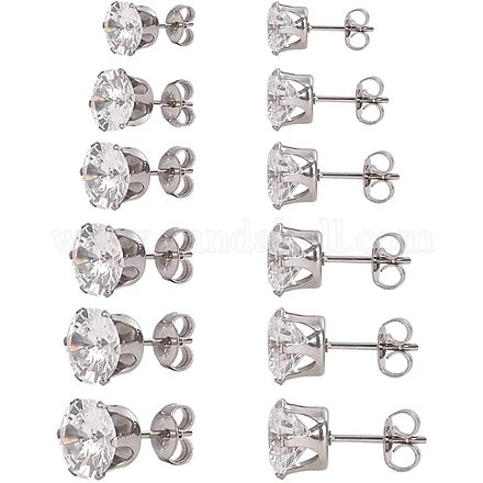 PandaHall Elite 6 Pairs 3/4/5/6/7/8mm Clear Cubic Zirconia Stud Earrings for Girls Fine Jewelry EJEW-PH0001-02-1