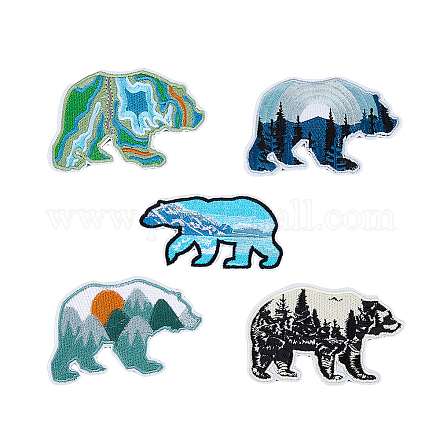 HOBBIESAY 5Pcs 5 Style Iron On Polar Bear Patches Wild Animals Badge Sew On Emblem Computerized Embroidery Cloth Patches for Vest Jackets DIY-HY0001-53-1