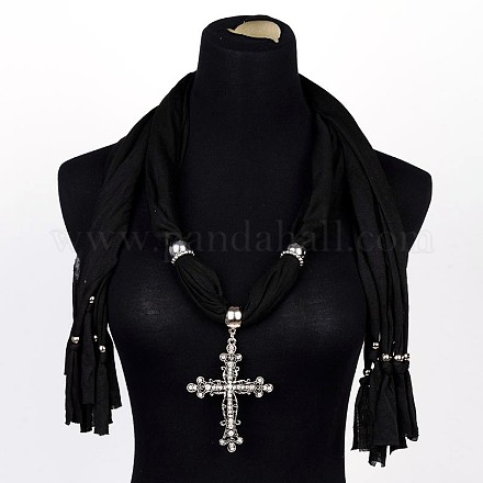 Belle conception strass en alliage croix colliers écharpe en tissu pendentif NJEW-I067-03A-1