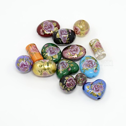 Mixed Styles Flower Rose Printed Acrylic Beads MACR-O002-M-1