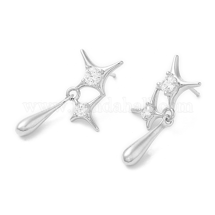 Rack Plating Brass Pave Cubic Zirconia Star with Teardrop Dangle Stud Earrings for Women EJEW-D059-25P-1