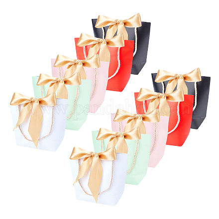 SuperZubehör 10sets Länge 5 Farben Geschenktüten mit Griffen 21x17x7cm Papiertüten mit Band zum Einkaufen Geburtstag Hochzeitsfeier Geschenk Klassenzimmer Urlaub CARB-FH0001-01-1