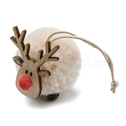 Decorazione con ciondolo a forma di palla di cervo in legno e peluche a tema natalizio HJEW-E008-01A-1
