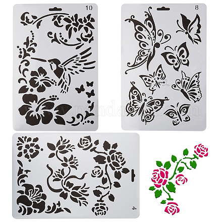 GORGECRAFT 3pcs Plastic Drawing Painting Stencils Butterfly Flowers Rectangle Templates for Notebook Diary Scrapbook Journaling Card DIY Craft Project DIY-CP0001-21-1