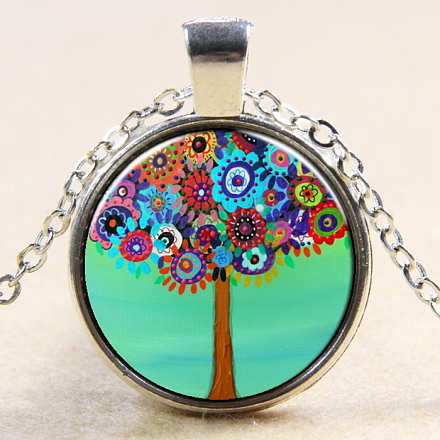 Colliers avec pendentif rond avec motif arbre de vie en verre NJEW-N0051-048P-02-1