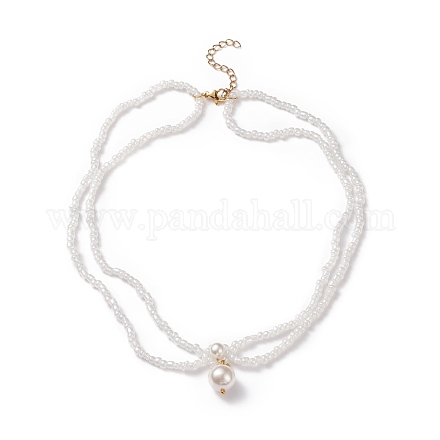 Round Shell Pearl Pendant Double Layer Necklace with Glass Seed for Women NJEW-JN03944-1