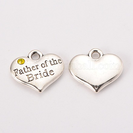 Wedding Theme Antique Silver Tone Tibetan Style Alloy Heart with Father of the Bride Rhinestone Charms X-TIBEP-N005-19E-1