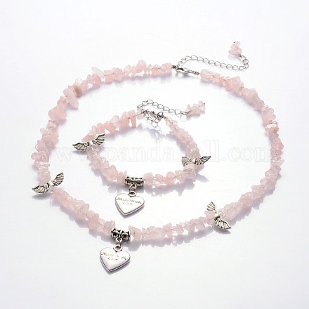 Ожерелья с подвесками из натурального розового кварца и сплава в форме сердца и браслеты с подвесками комплекты украшений на день святого валентина SJEW-JS00845-01-1