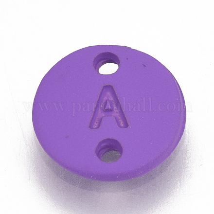 スプレー塗装された環境に優しい合金リンク  アルファベット付きのフラットラウンド  ニッケルフリー  暗紫色  文字.a  10x1.5mm  穴：1.5mm PALLOY-T039-17A-A-NF-1