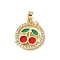 Brass Micro Pave Cubic Zirconia Pendants, Enamel Style, Flat Round with Cherry, Golden, 18x16x2mm, Hole: 5x3mm