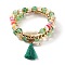 Gemstone Multi-layered Stretch Beaded Bracelets Sets, Stackable Bracelets, Including Acrylic Beads, Pearl Beads, Glass Beads, Non-magnetic Hematite Beads, Polymer Clay Beads, CCB Plastic Beads, Brass Beads, Cotton Thread Tassels, Green, Inner Diameter: 2-1/8 inch(5.5cm), 3pcs/set