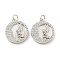 Brass Micro Pave Clear Cubic Zirconia Pendants, with Shell and Jump Rings, Flat Round with Angel Charms, Real Platinum Plated, 18x16x2.5~3.5mm, Hole: 3mm