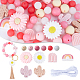 SUNNYCLUE 1 Box 100+PCS 14mm Pink Silicone Beads with String Flower Focal Beads Rubber Round Luminous Cute Daisy Plant Soft Loose Chunky Spacer Beads for Keychain Pen Making Kit Beading Bracelets DIY DIY-SC0022-41-1