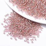 Abalorios de la semilla de cristal, apto para bordado a máquina, plata forrada, redondo, rosa, 2.5x1.5mm, agujero: 1 mm, aproximamente 20000 unidades / bolsa