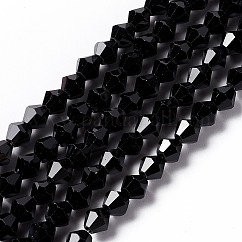 Imitación austriaco cristal 5301 bicono cuentas, Cuentas de vidrio facetado hebras, negro, 6x6mm, agujero: 1.2 mm, aproximamente 44~47 pcs / cadena, 24.5~25 cm