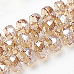 Hilos de perlas de vidrio electroplat, arco iris chapado, facetados, rerondana plana, peachpuff, 8x5mm, agujero: 1.2 mm, aproximamente 78~80 pcs / cadena, 22.83~23.22 pulgada