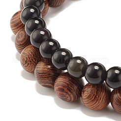 Braccialetti elastici in legno di ossidiana naturale e pietra lavica in stile 2 pezzi con charm di loto e testa di buddha&nbsp;BJEW-JB07615