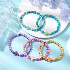 5 Stück Stretch-Armband-Set aus synthetischer ozeanweißer Jade und synthetischem Türkis für Damen&nbsp;BJEW-JB11015