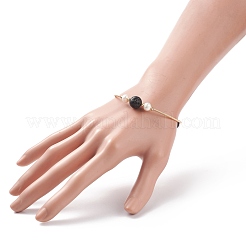 Bracciale rigido con perline rotonde in pietra lavica e perle naturali&nbsp;BJEW-JB08464-01