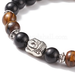 Occhio di tigre naturale e braccialetto elasticizzato con perline rotonde in legno con testa di buddha in lega&nbsp;BJEW-JB08402