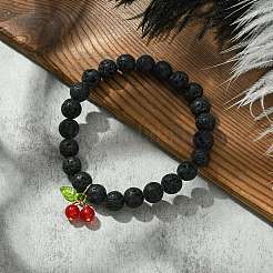 Bracciale elasticizzato con perline rotonde in pietra lavica naturale&nbsp;BJEW-JB09804