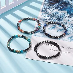 Rundes Stretch-Armband mit natürlichen Edelsteinen und synthetischem Hämatit für Frauen&nbsp;BJEW-JB08305