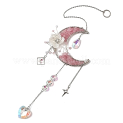Atrapasueños colgante de metal con forma de luna y virutas de cuarzo rosa natural&nbsp;GG-CBAB970-03A