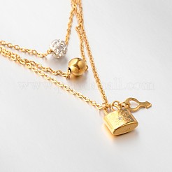 Conjuntos de joyería con pendientes de bola de rhinestone de cristal de acero inoxidable 304 y collar con colgante de candado de 3 capa&nbsp;X-SJEW-L386-01