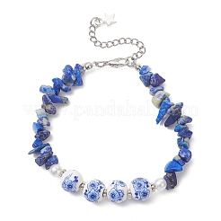 Braccialetti da donna con perline di porcellana stampate a fiori e scaglie di lapislazzuli naturali tinti&nbsp;BJEW-JB12968
