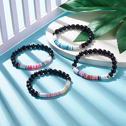 Bracciale elasticizzato in pietra nera sintetica e perline heishi fatte a mano in argilla polimerica&nbsp;BJEW-JB07509