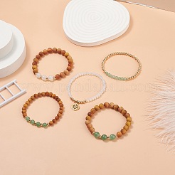 5pcs 5 style bois naturel et ensemble de bracelets extensibles en perles de pierre mélangées&nbsp;BJEW-JB08823