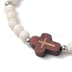 Kreuz synthetische Türkis & Holz runde Perlen Stretch-Armbänder für Männer Frauen&nbsp;BJEW-JB11832-02