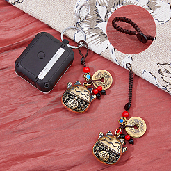 Décoration pendentif chat porte-bonheur et pièce de monnaie creux en laiton&nbsp;KEYC-WH0038-05AG