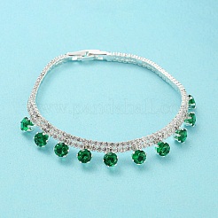 Pulsera con dijes de diamantes y circonita cúbica verde con cadenas de eslabones de latón chapado en bastidor&nbsp;BJEW-Q771-03S