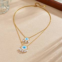 Collar doble de acero inoxidable 304 con colgante de ojo turco azul y acrílico para mujer.&nbsp;WG0980E-01