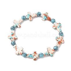 5 bracciale elastico con perline rotonde e croce in turchese sintetico&nbsp;BJEW-JB12341