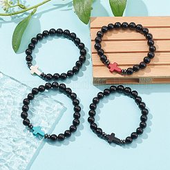Bracelet extensible en perles de corss en bois naturel et turquoise synthétique et hématite&nbsp;BJEW-JB09622
