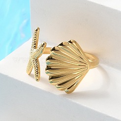 Offene Manschettenringe aus 304 Edelstahl mit Seesternen und Muscheln für Damen&nbsp;RJEW-C095-09G