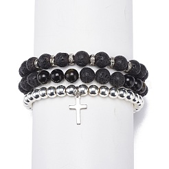 Juego de pulseras elásticas de hematita sintética y obsidiana con brillo dorado&nbsp;BJEW-JB08735