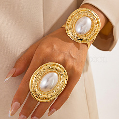 Conjuntos de brazaletes y anillos ovalados de hierro y perlas de imitación para mujer.&nbsp;WGBFE6E-01