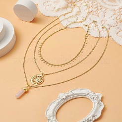 3 pièces 3 style naturel rose quartz balle et alliage soleil pendentif colliers sertis de chaînes gourmettes en laiton pour les femmes&nbsp;NJEW-JN04170