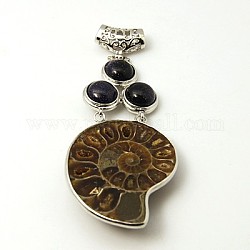 Gemstone Big Pendants, Fossil and Amethyst, with Brass Findings, Spiral, Platinum Metal Color, Dark Blue, 71~82x21~35x8mm, Hole: 7x5mm