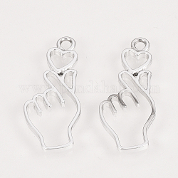 Alloy Pendants, Palm with Heart, Platinum, 32x13x2mm, Hole: 2mm