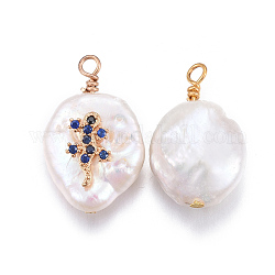Pendentifs de perles d'eau douce de culture naturelle, avec les accessoires de zircons en laiton, pépites de gecko, or, bleu royal, 17~26x11~16x5~11mm, Trou: 1.6~2mm