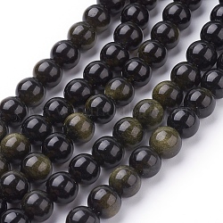 Chapelets de perles en obsidienne dorée naturelle, ronde, 8mm, Trou: 1mm, 24 pcs / chapelet, 8 pouce