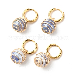 Round Natural Agate Beads Dangle Huggie Hoop Earrings, Spiral Wire Wrap Stone Beads Drop Earrings for Women, Golden, Medium Slate Blue, 30mm, Pin: 1mm